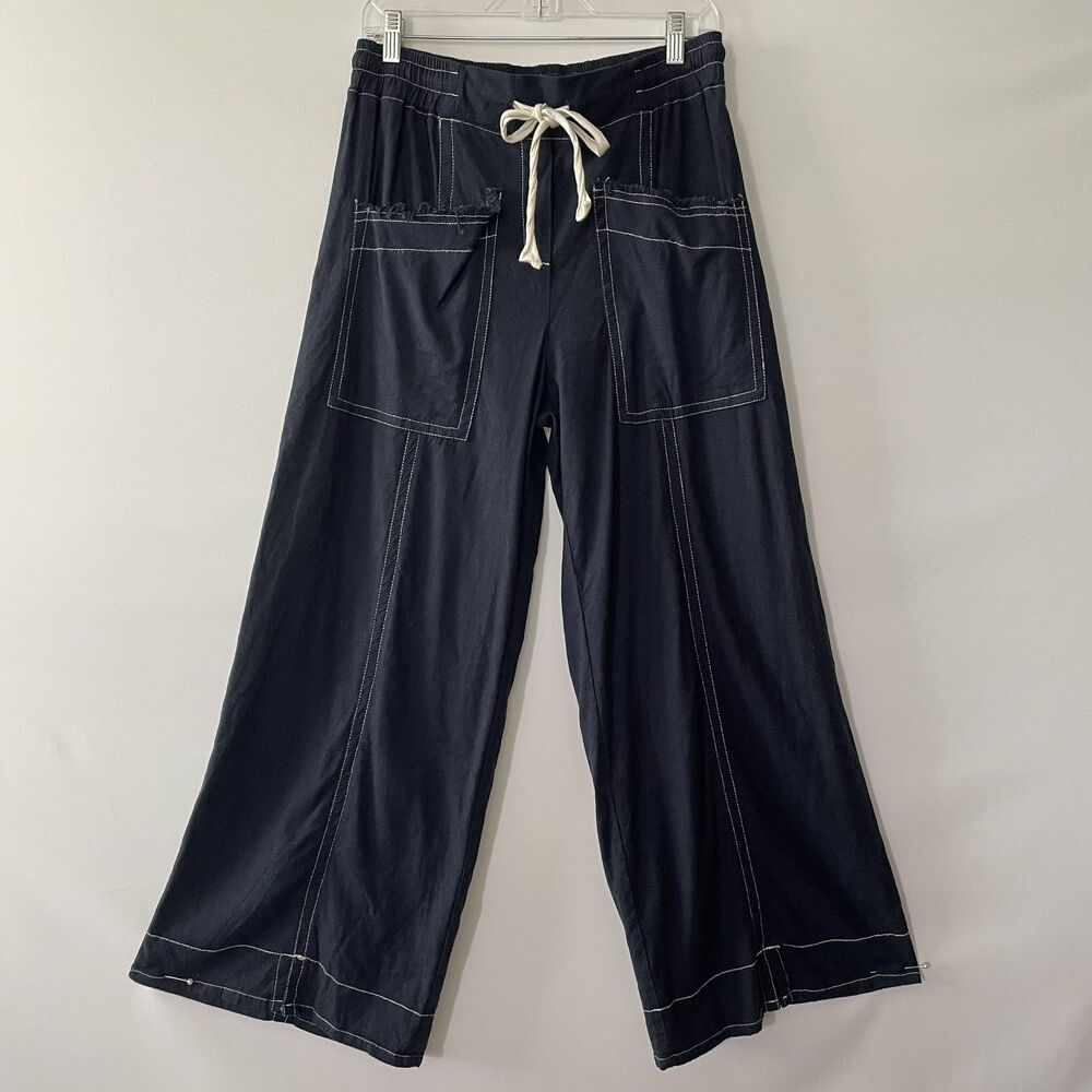Umgee Women's Wide Leg Pull On Pants Navy Contrast Stitch Size S